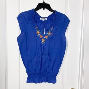 Y2K Tramp Flower Embroidered Smocked Tie Neck Peek A Boo Back Sleeveless Blouse